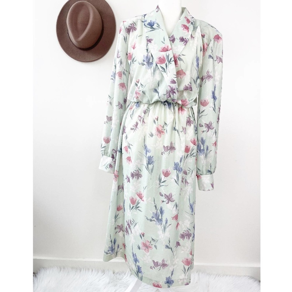 Vintage Swann Lynda Smith Swann Sage Green Floral Faux Wrap Dress Size 10